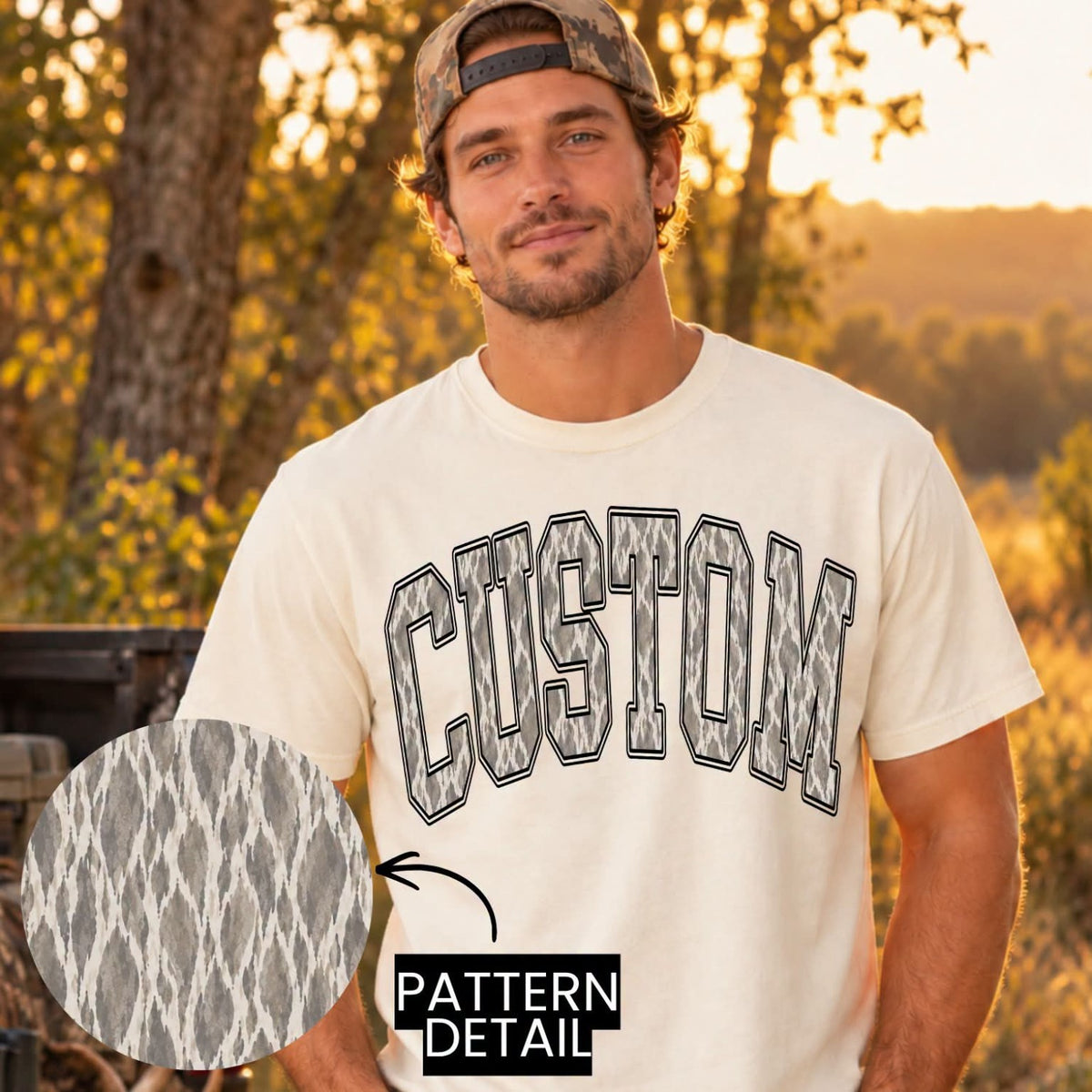 Arched gray camo varsity word shirt