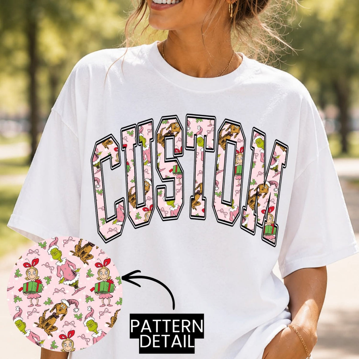 Custom Pink Christmas Character Varsity Word Shirt