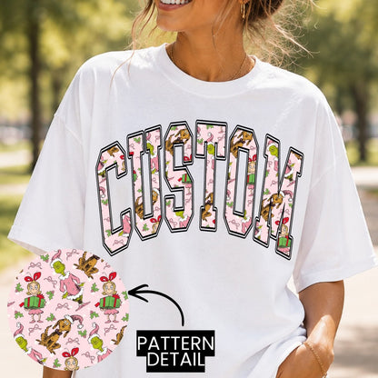 Custom Pink Christmas Character Varsity Word Shirt