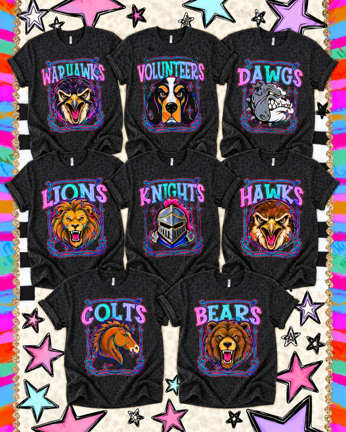Bright framed custom mascot design examples on black shirts