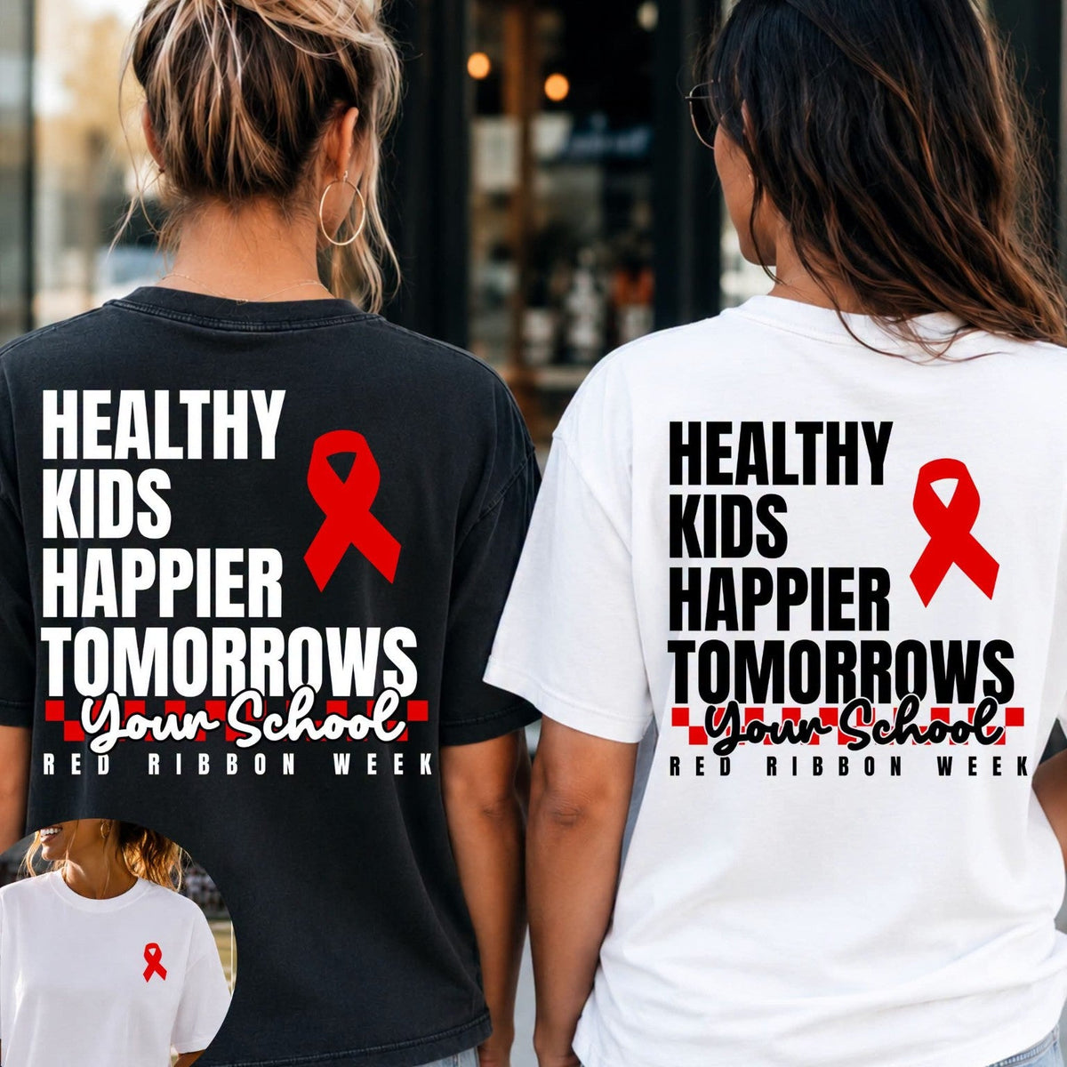 Red Ribbon Week custom school shirt, front and back