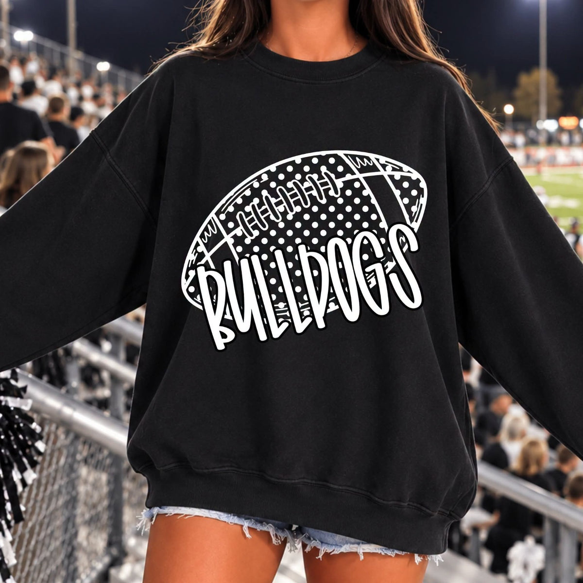 Bulldogs football design on black sweatshirt