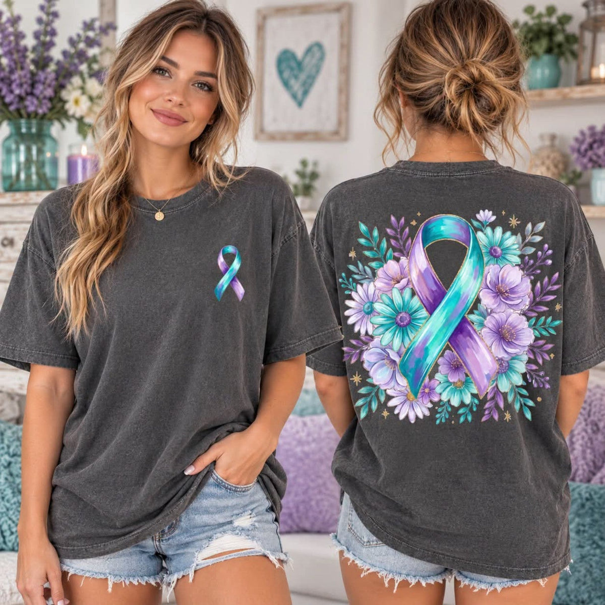 Watercolor breast cancer awareness shirt, front and back