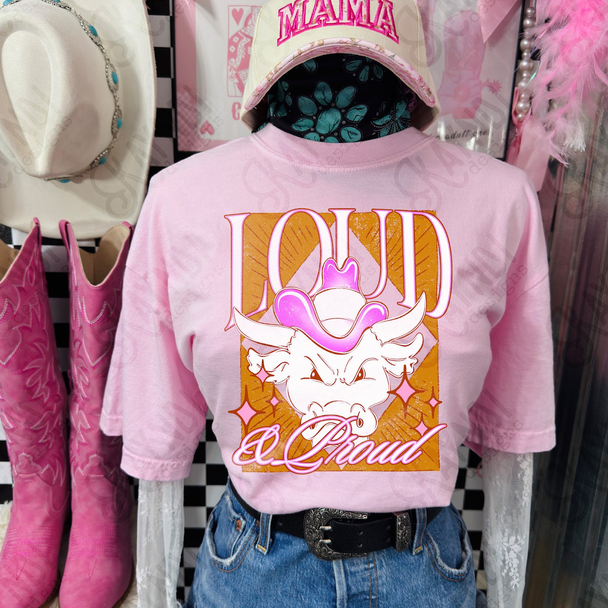 KayndiDesigns Loud and Proud Pink Longhorn TropicalCowgirl Comfort Colors Blossom Top