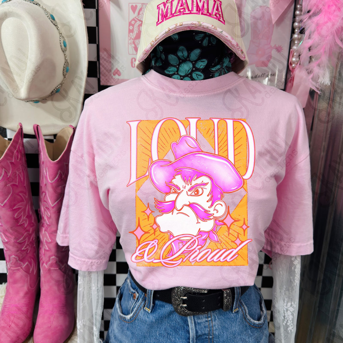 KayndiDesigns Loud and Proud Pink Cowboy 2 TropicalCowgirl Comfort Colors Blossom Top