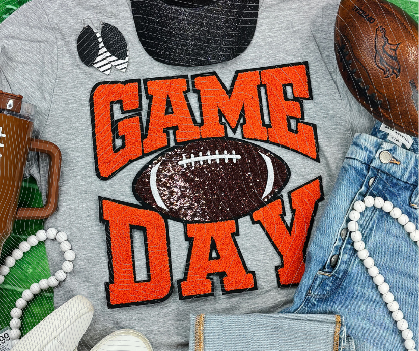 Game Day Football Sequin and Chenille Patch Top-Orange