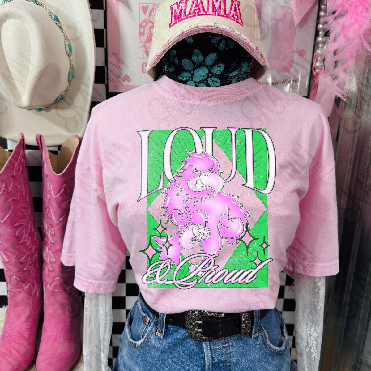 KayndiDesigns Loud and Proud Pink Eagle TropicalCowgirl Comfort Colors Blossom Top