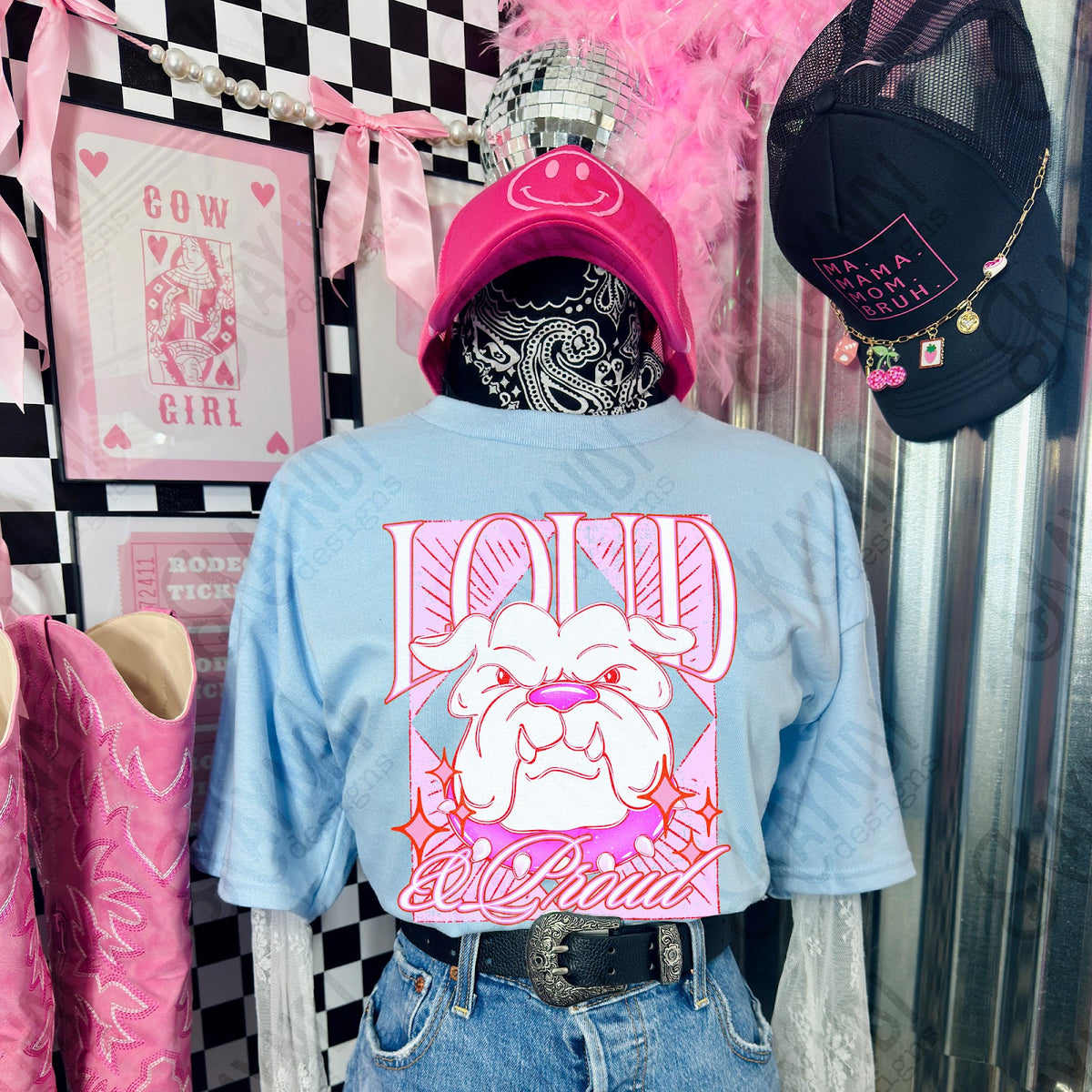 KayndiDesigns Loud and Proud Pink Bulldog TropicalCowgirl Gildan Light Blue Top