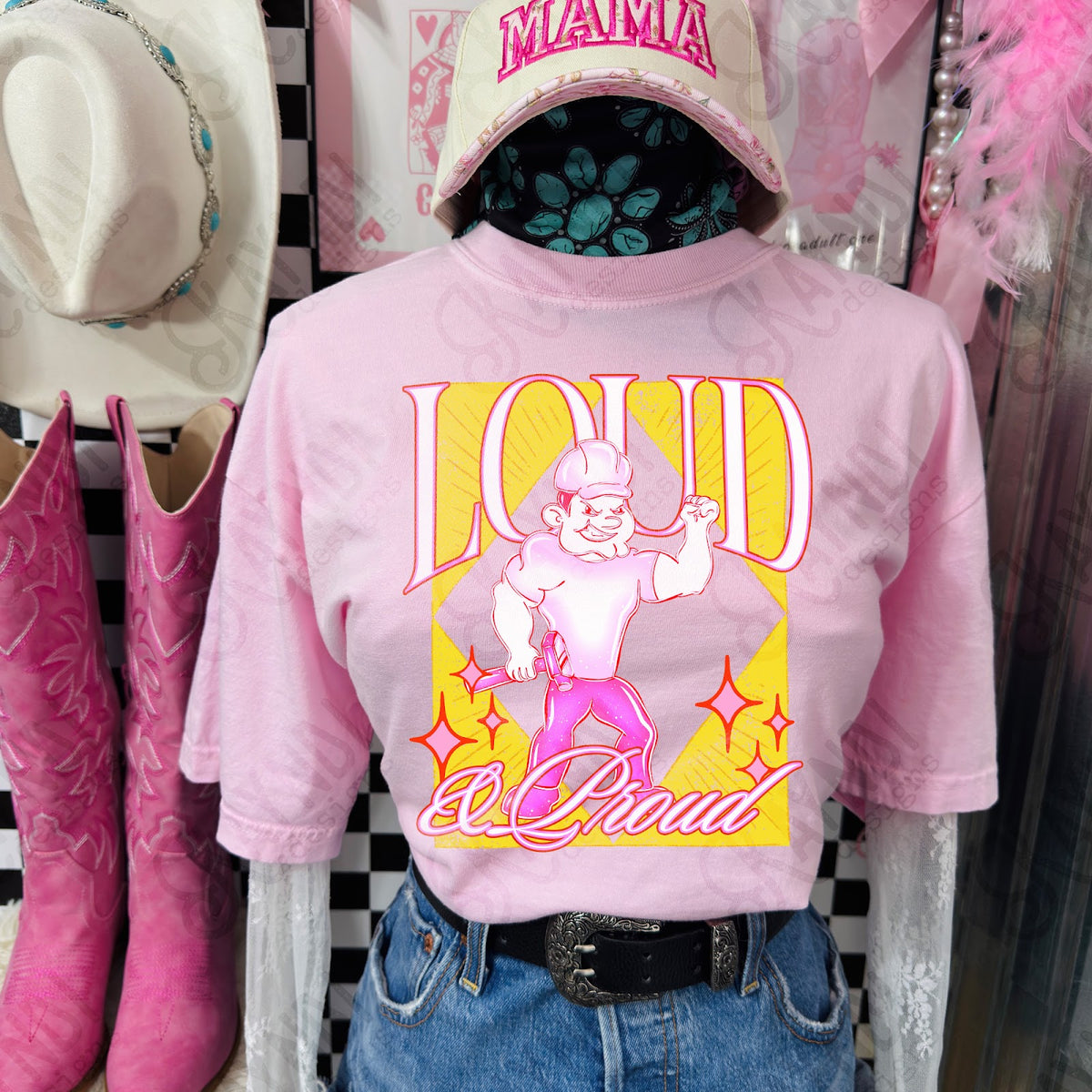 KayndiDesigns Loud and Proud Pink Boiler TropicalCowgirl Comfort Colors Blossom Top