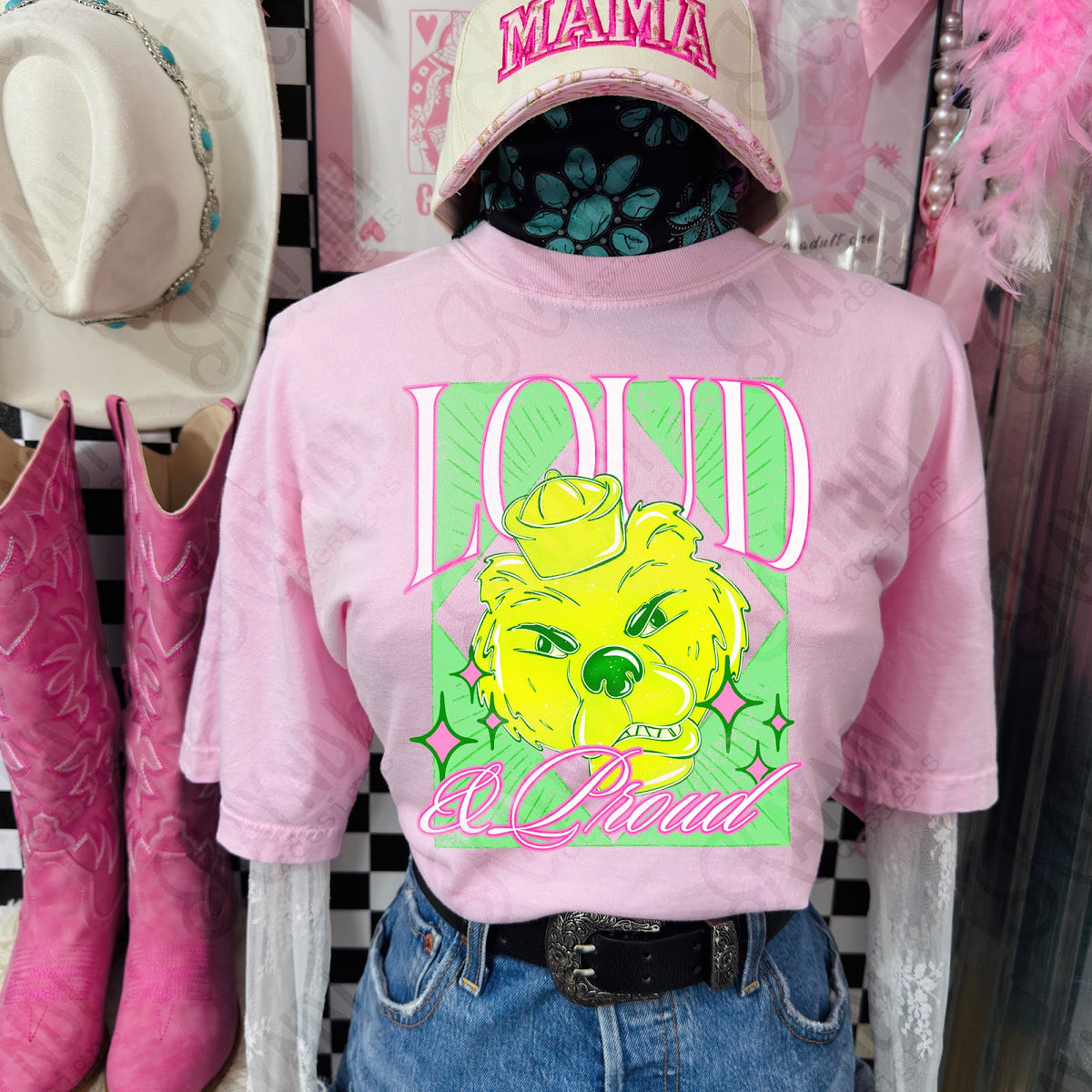 KayndiDesigns Loud and Proud Pink Bear TropicalCowgirl Comfort Colors Blossom Top