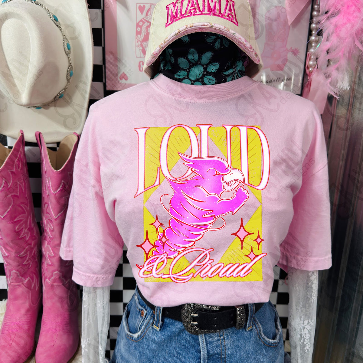 KayndiDesigns Loud and Proud Pink Cyclone TropicalCowgirl Comfort Colors Blossom Top