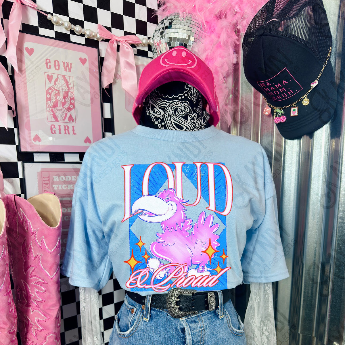 KayndiDesigns Loud and Proud Pink Jayhawk TropicalCowgirl Gildan Light Blue Top