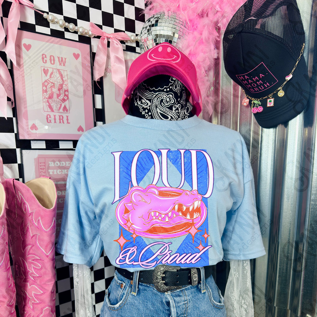 KayndiDesigns Loud and Proud Pink Gator TropicalCowgirl Gildan Light Blue Top