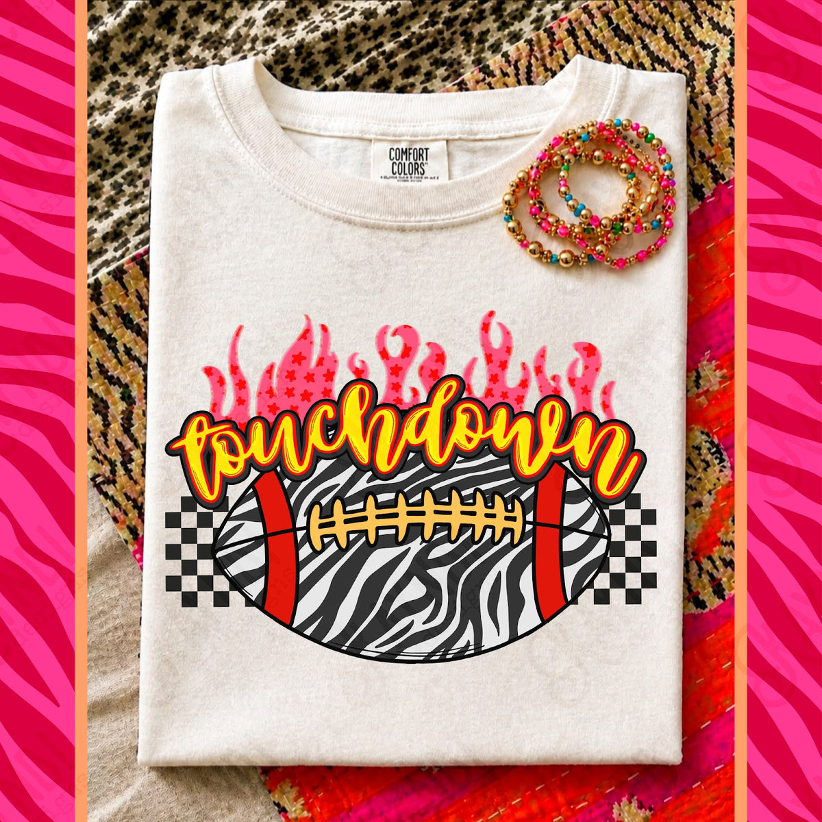 Touchdown Zebra Checker Flames Football Top