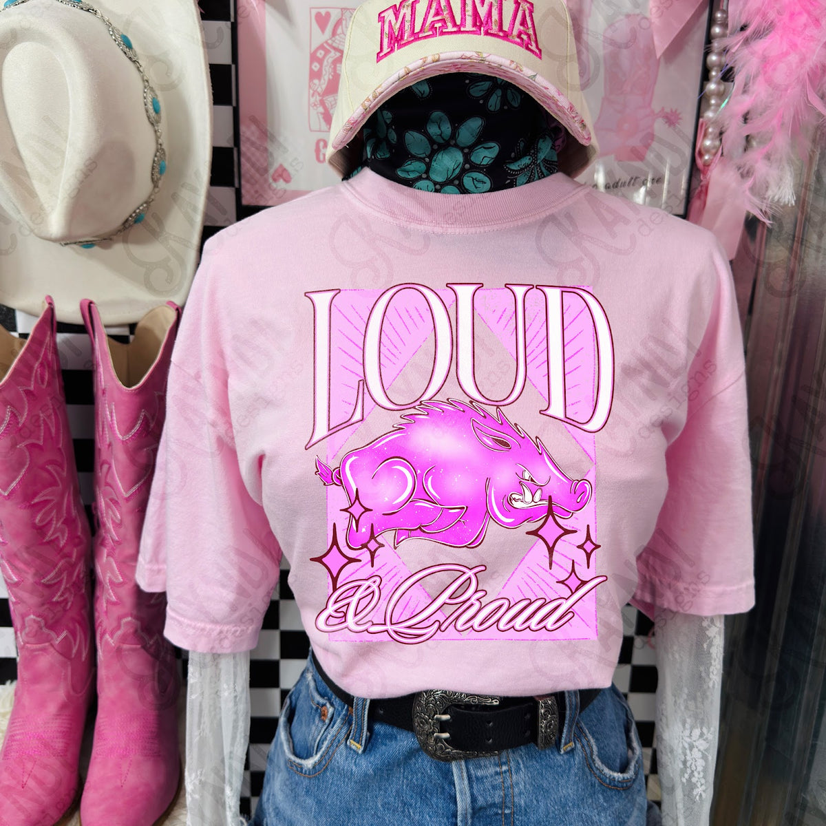 KayndiDesigns Loud and Proud Pink Razorback TropicalCowgirl Comfort Colors Blossom Top