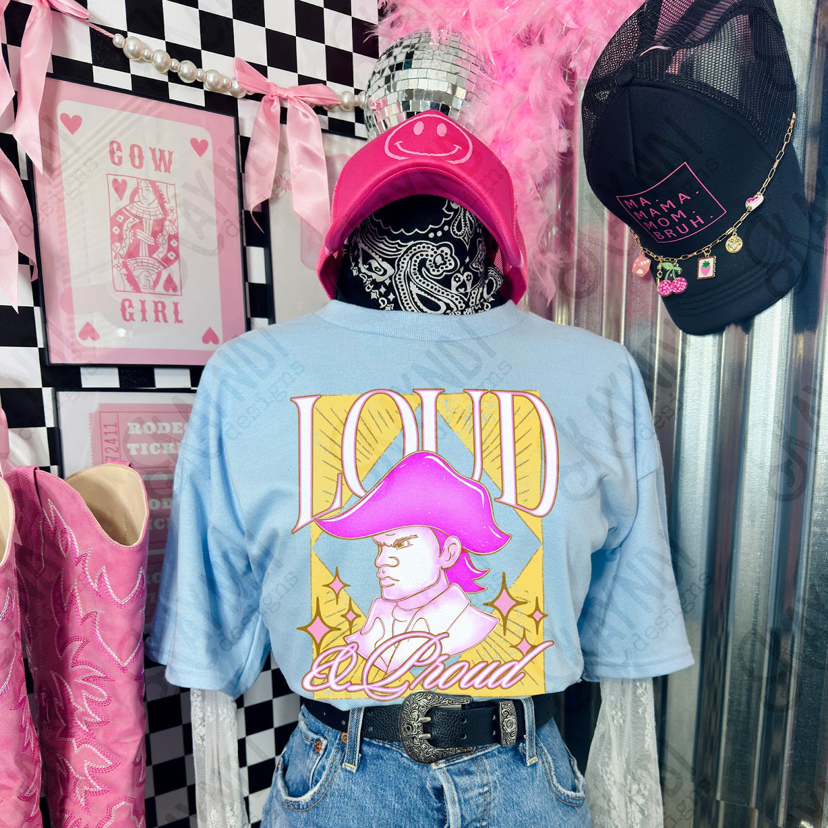 KayndiDesigns Loud and Proud Pink Commodores TropicalCowgirl Gildan Light Blue Top