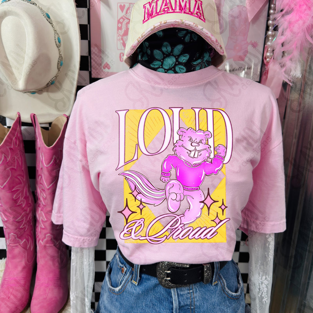 KayndiDesigns Loud and Proud Pink Gopher TropicalCowgirl Comfort Colors Blossom Top