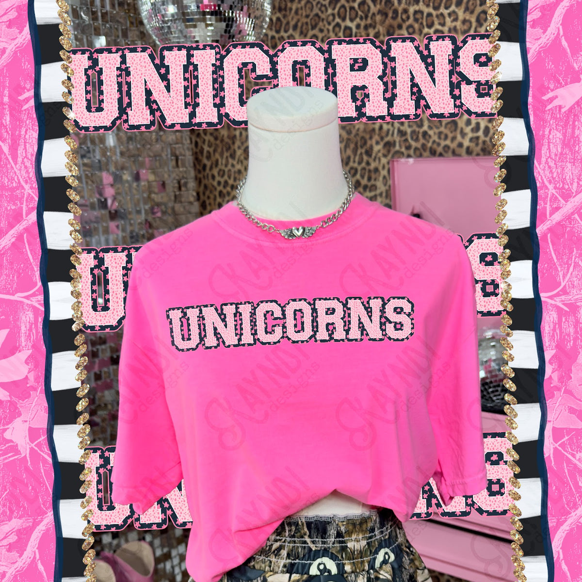 Varsity Stars Unicorns TropCowg CC Neon Pink Top