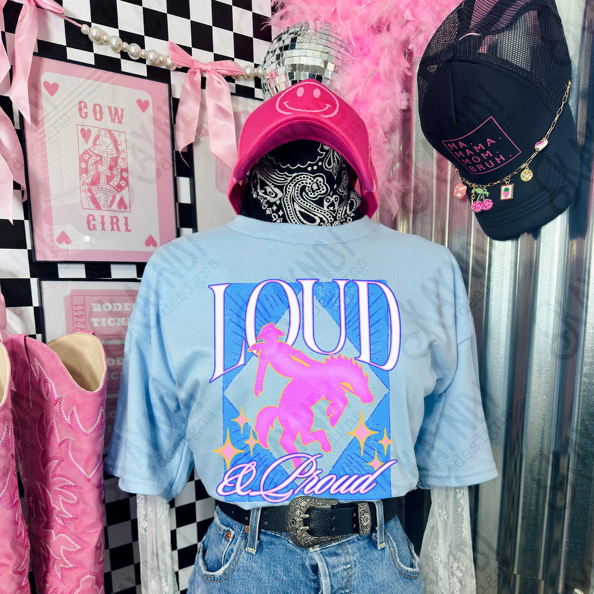 KayndiDesigns Loud and Proud Pink Cowboy TropicalCowgirl Gildan Light Blue Top