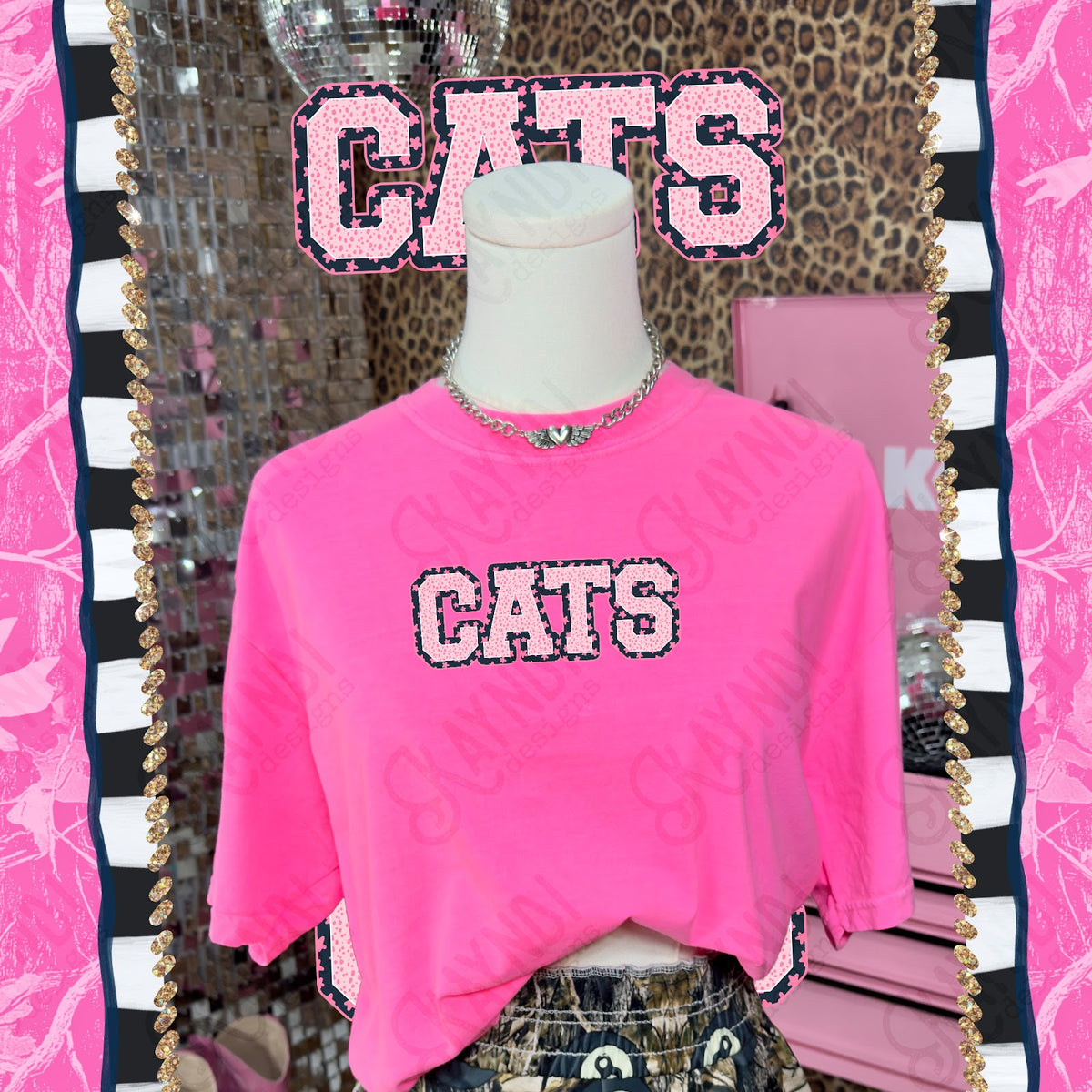 Varsity Stars Cats TropCowg CC Neon Pink Top
