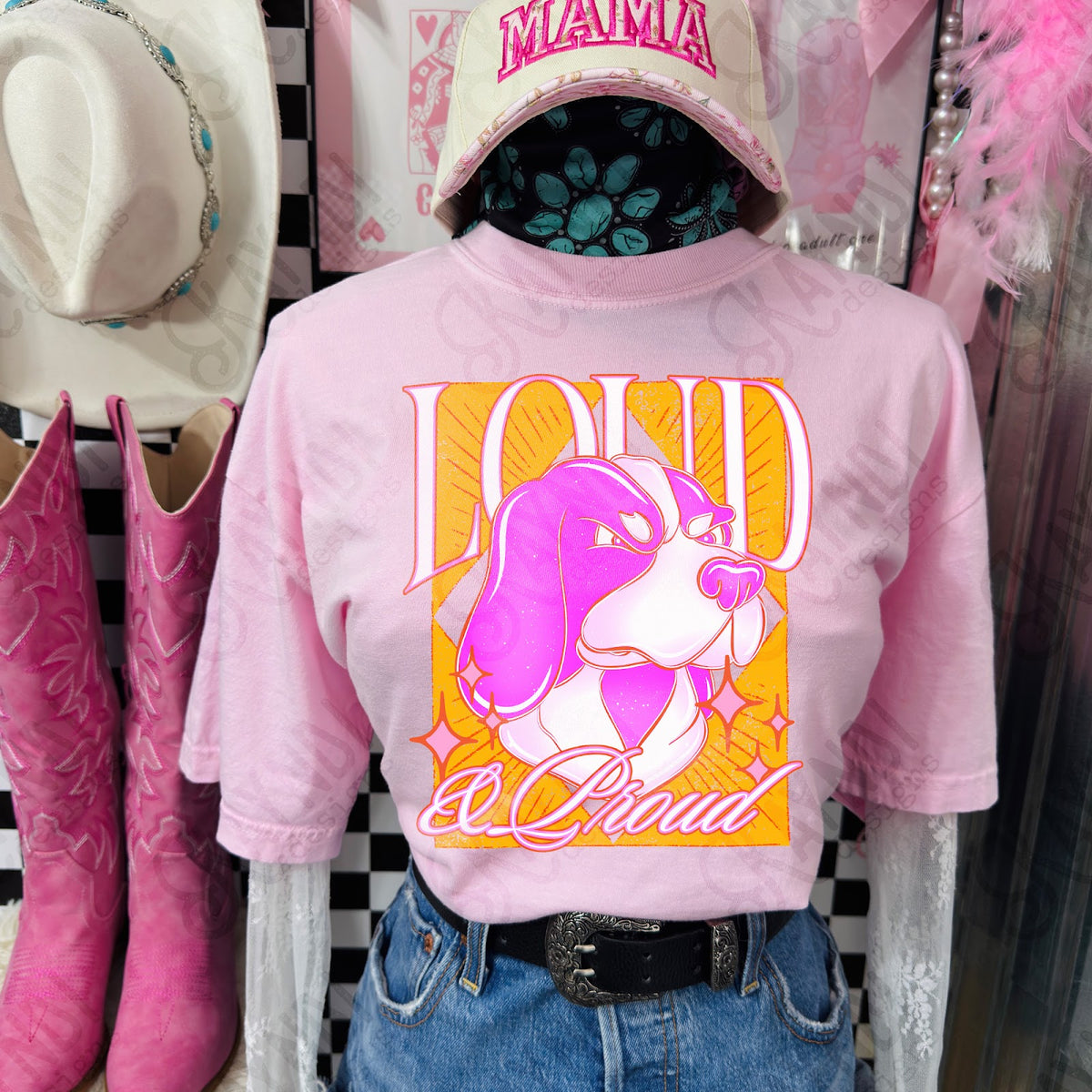 KayndiDesigns Loud and Proud Pink Bluetick Coonhound TropicalCowgirl Comfort Colors Blossom Top
