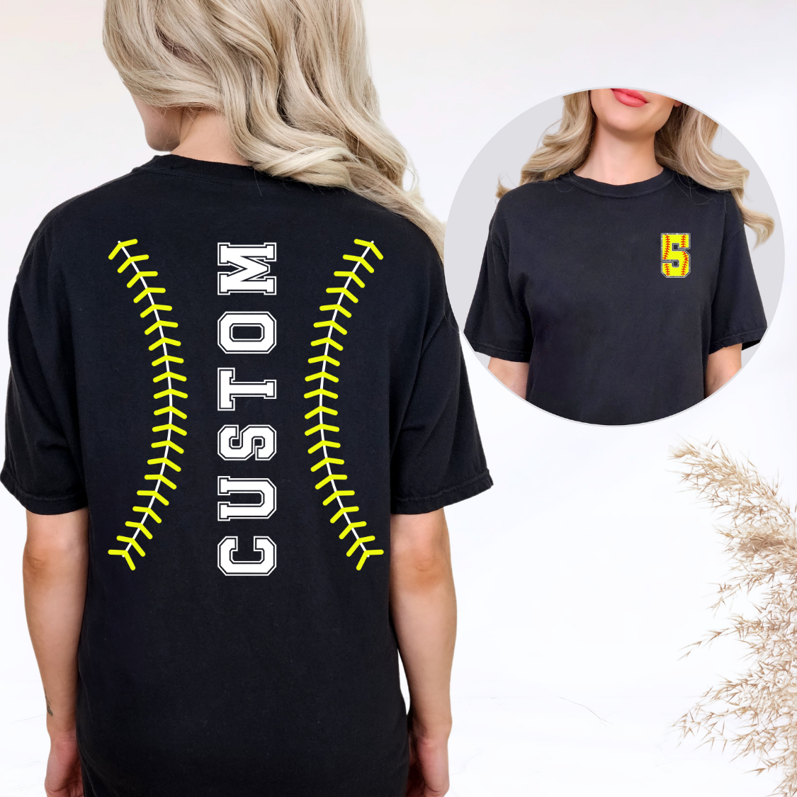 Custom Softball Stitching Top mockup showing the front and back design.