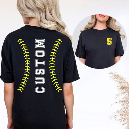 Custom Softball Stitching Top mockup showing the front and back design.