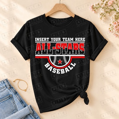 Custom All Stars Baseball Star Top on a black T-shirt