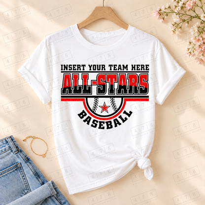 Custom All Stars Baseball Star Top on a white T-shirt