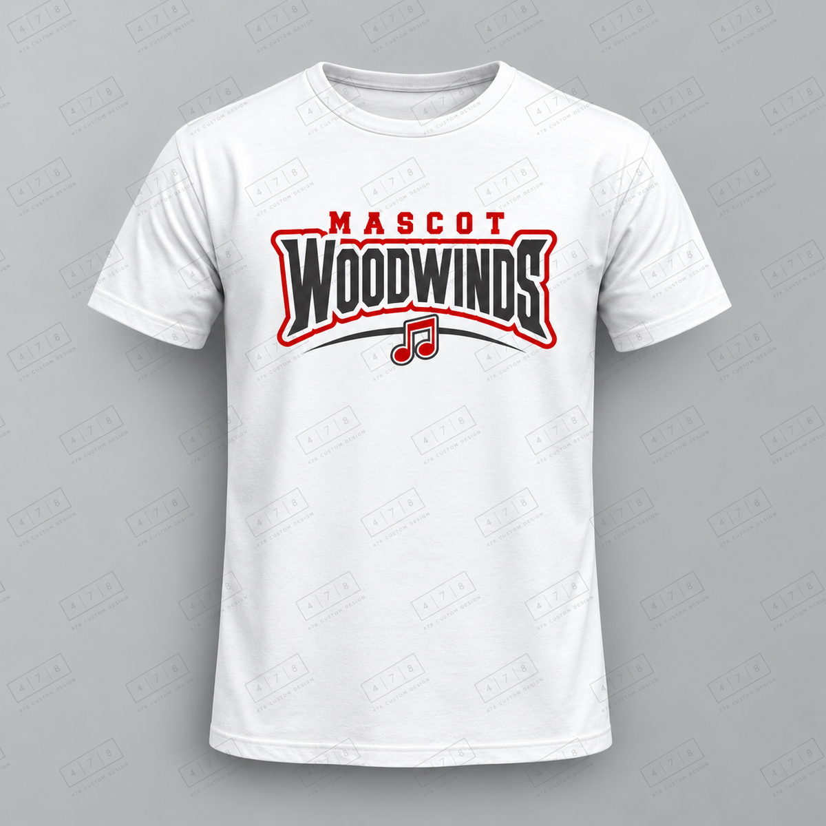 Custom Woodwinds Music Note Top with approved chest print size and 478 Custom Design watermark