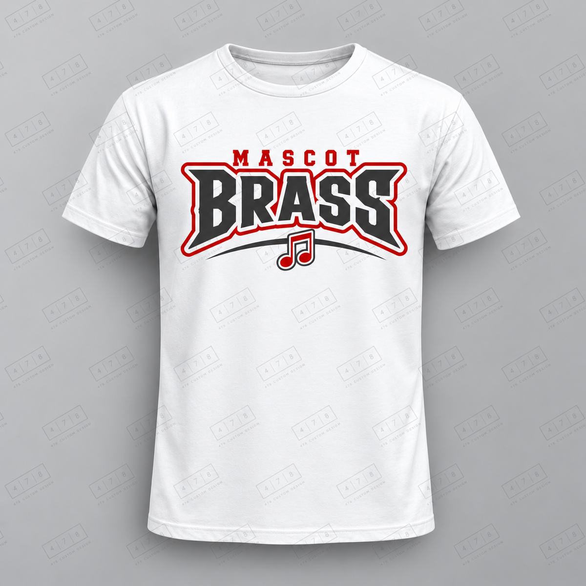 Custom Brass Music Note Top with approved chest print size and 478 Custom Design watermark