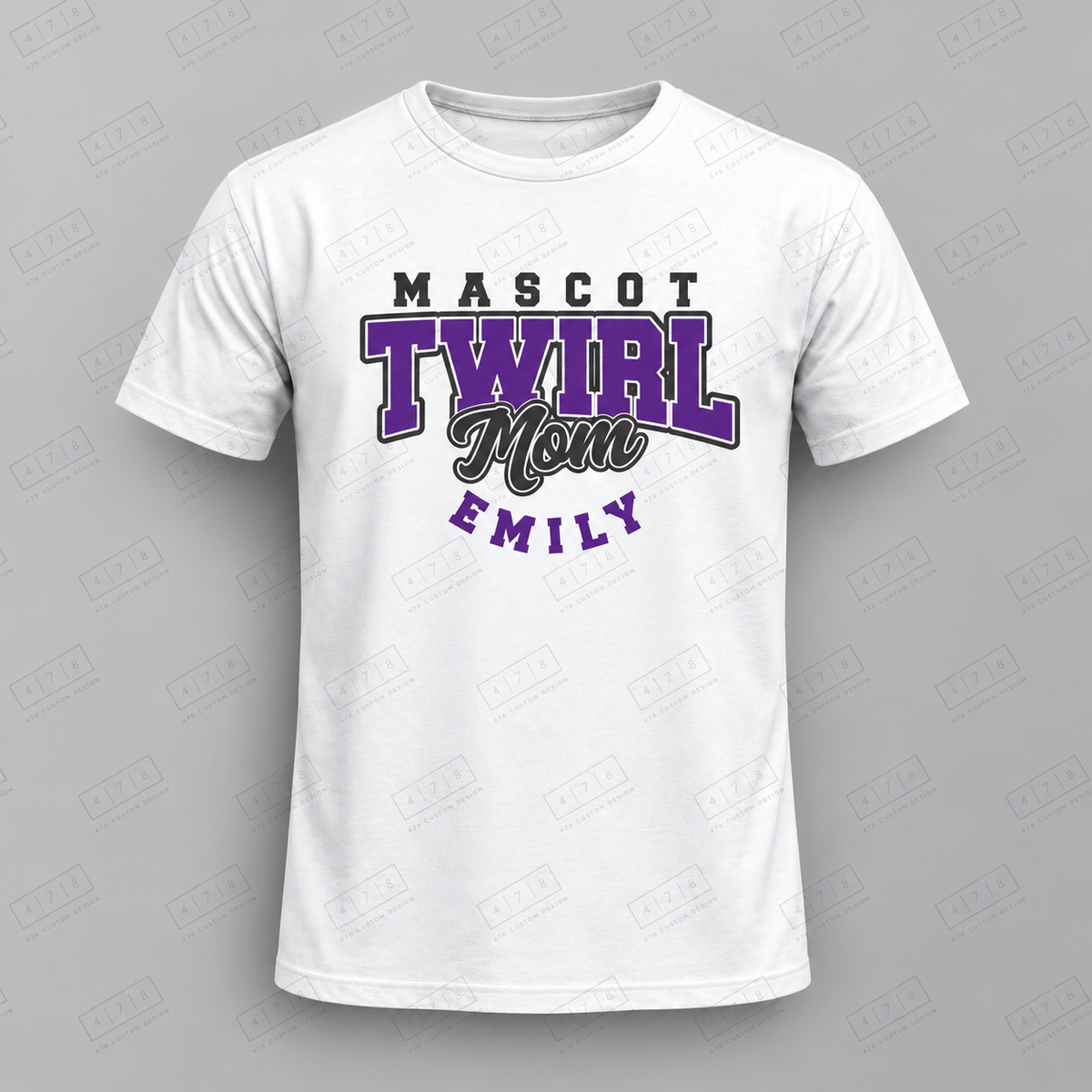 Custom Twirl Mom Top with approved chest print size and 478 Custom Design watermark