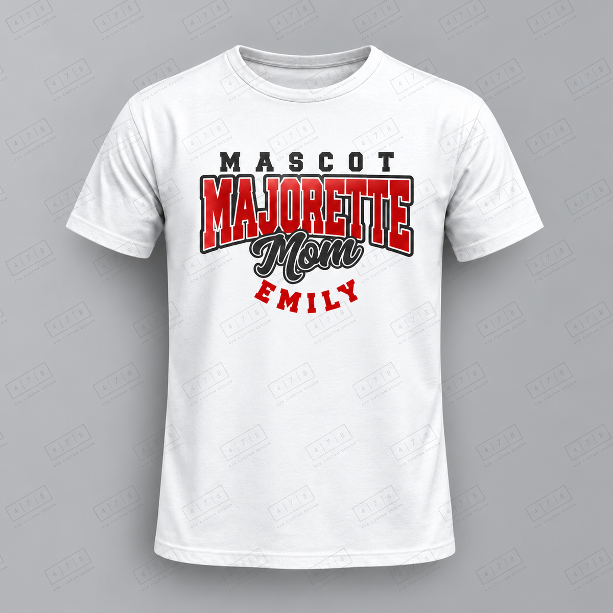 Custom Majorette Mom Top with approved chest print size and 478 Custom Design watermark