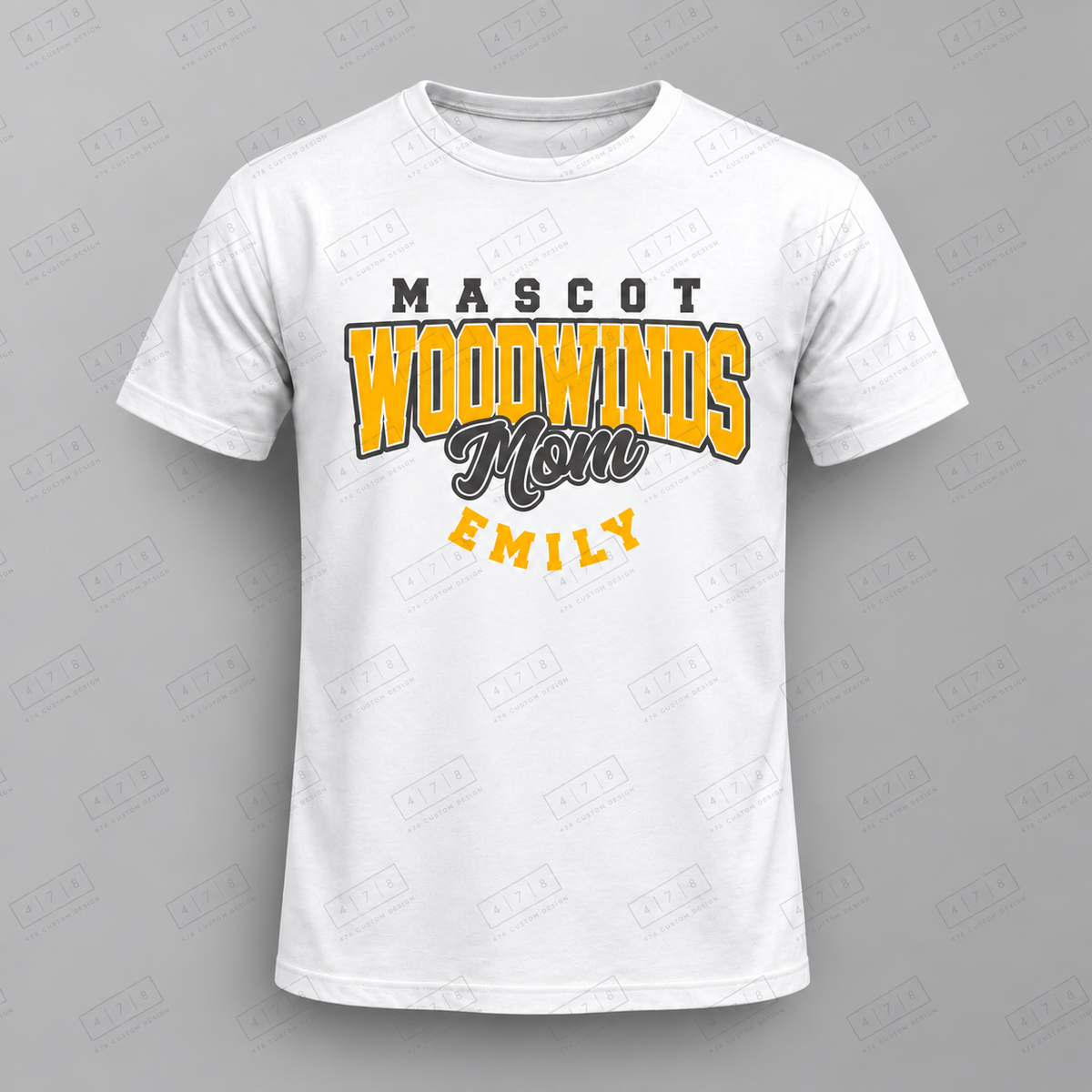 Custom Woodwinds Mom Top with approved chest print size and 478 Custom Design watermark