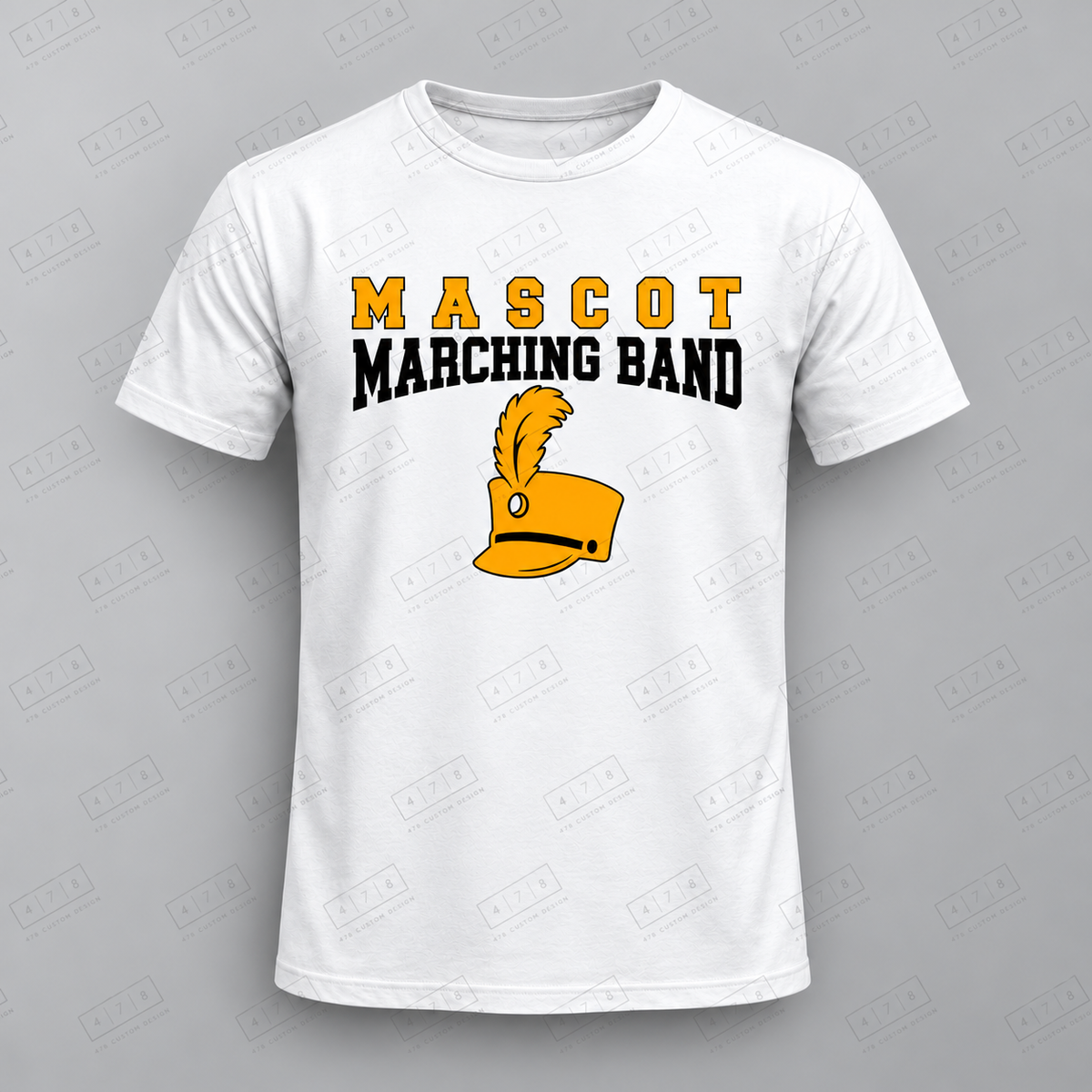 Custom Marching Band Shako Hat Top with approved chest print size and 478 Custom Design watermark