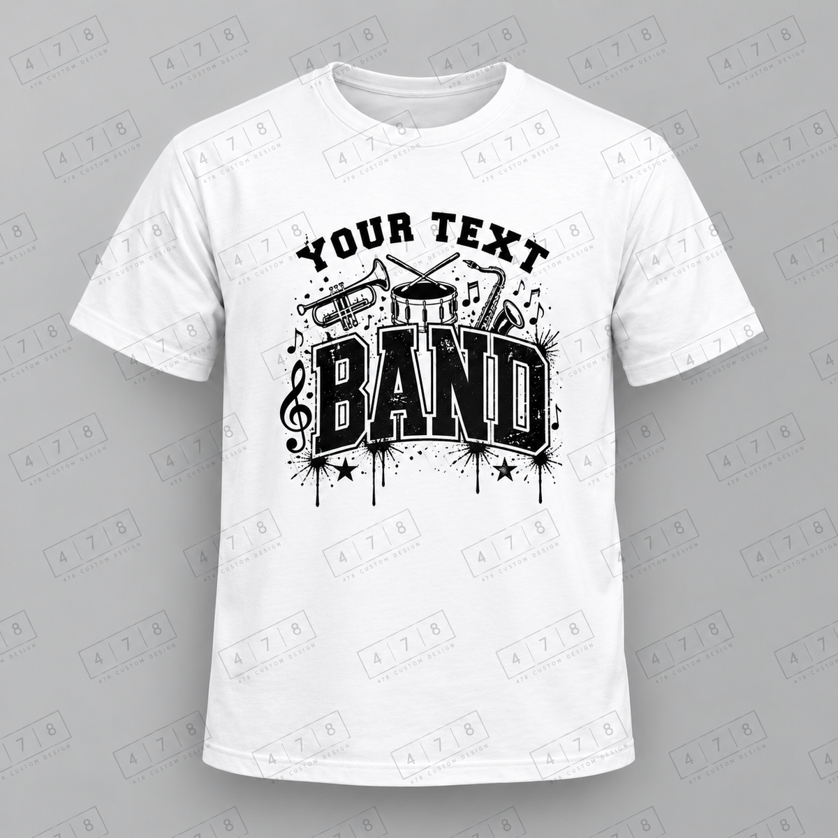 Custom Paint Splatter Instrument Band Top with approved chest print size and 478 Custom Design watermark