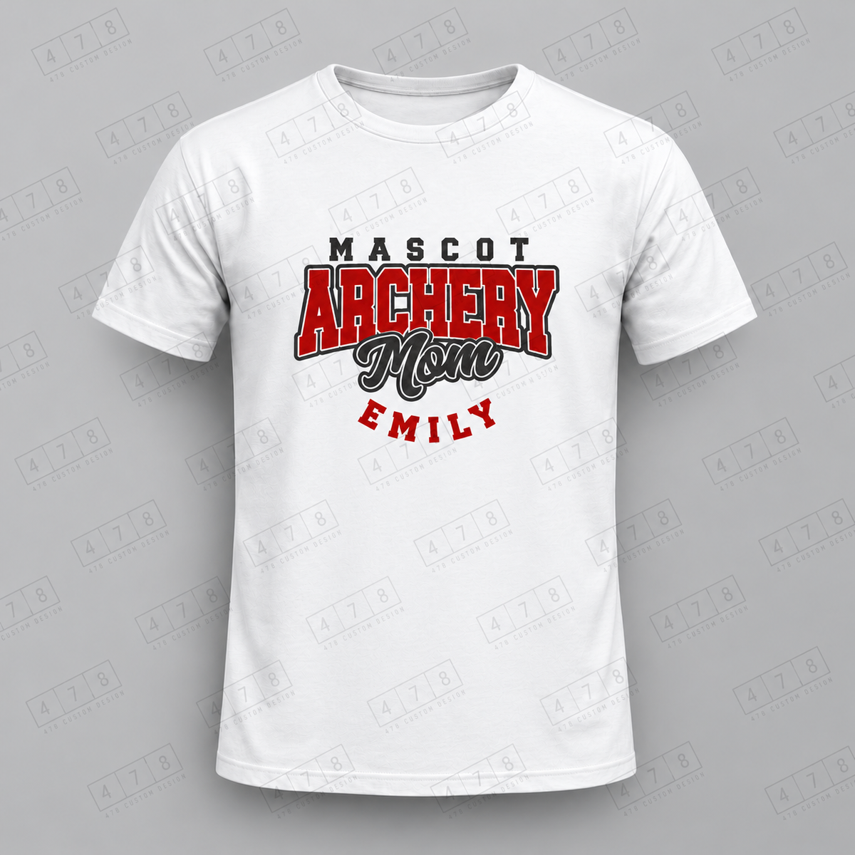 Custom Outlined Archery Mom Top with approved chest print size and 478 Custom Design watermark