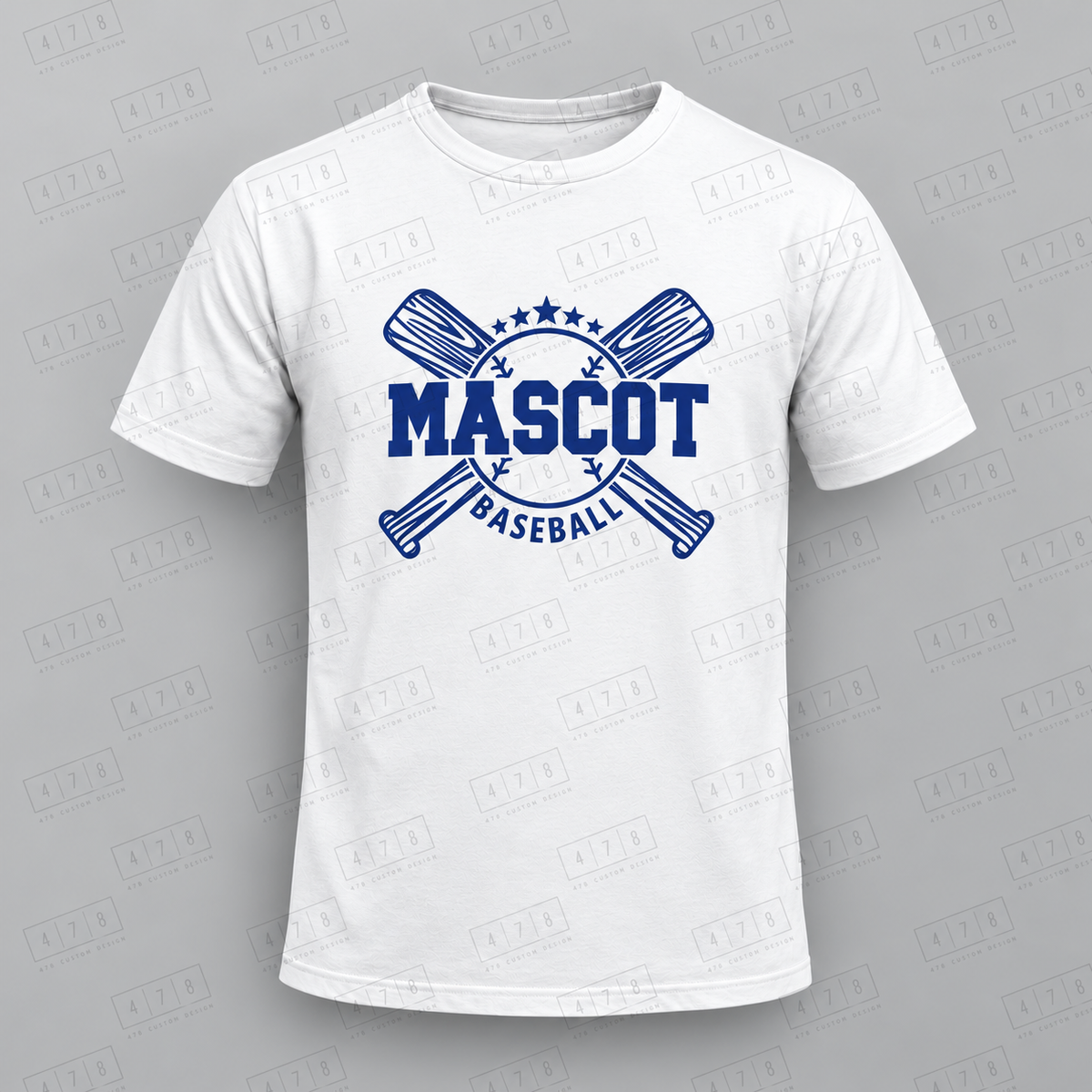 Custom Woodgrain Crossed Bats Baseball Top with approved chest print size and 478 Custom Design watermark
