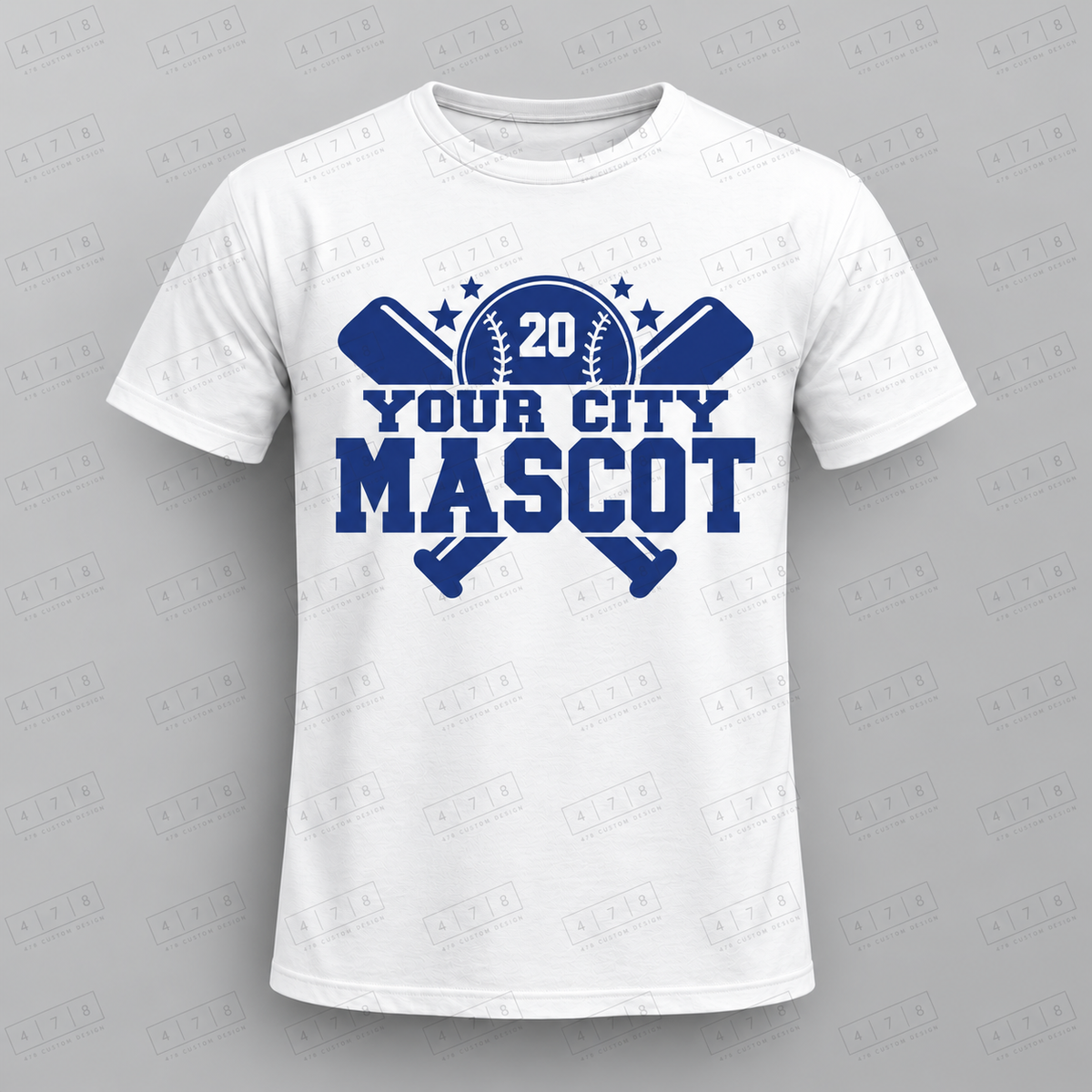 Custom Crossed Bats City Mascot Baseball Top with approved chest print size and 478 Custom Design watermark