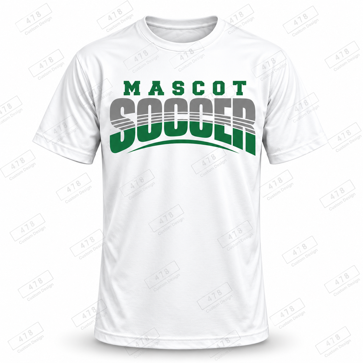 Custom arched soccer template on a full-length white dri-fit shirt, 478 Custom Design watermark