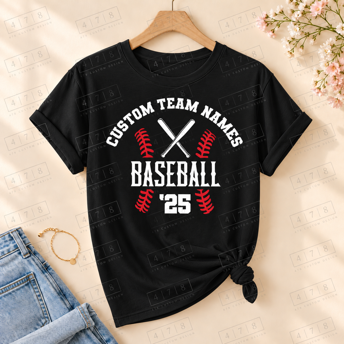 Black-shirt baseball and team wording example of the customizable crossed-bats and red-stitching design — 478 Custom Design watermark