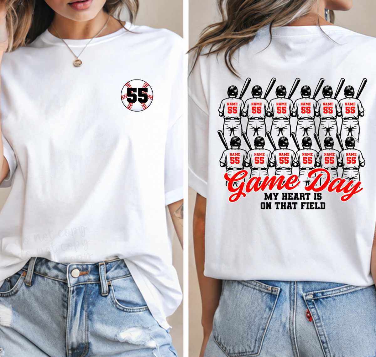 Custom baseball number front and Game Day My Heart Is on That Field player back on white shirts
