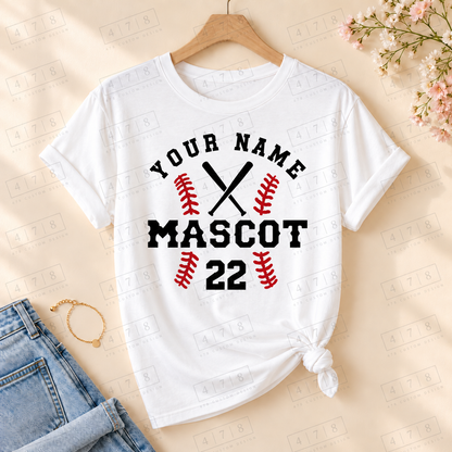 Custom Mascot Crossed Bats Top on a white T-shirt