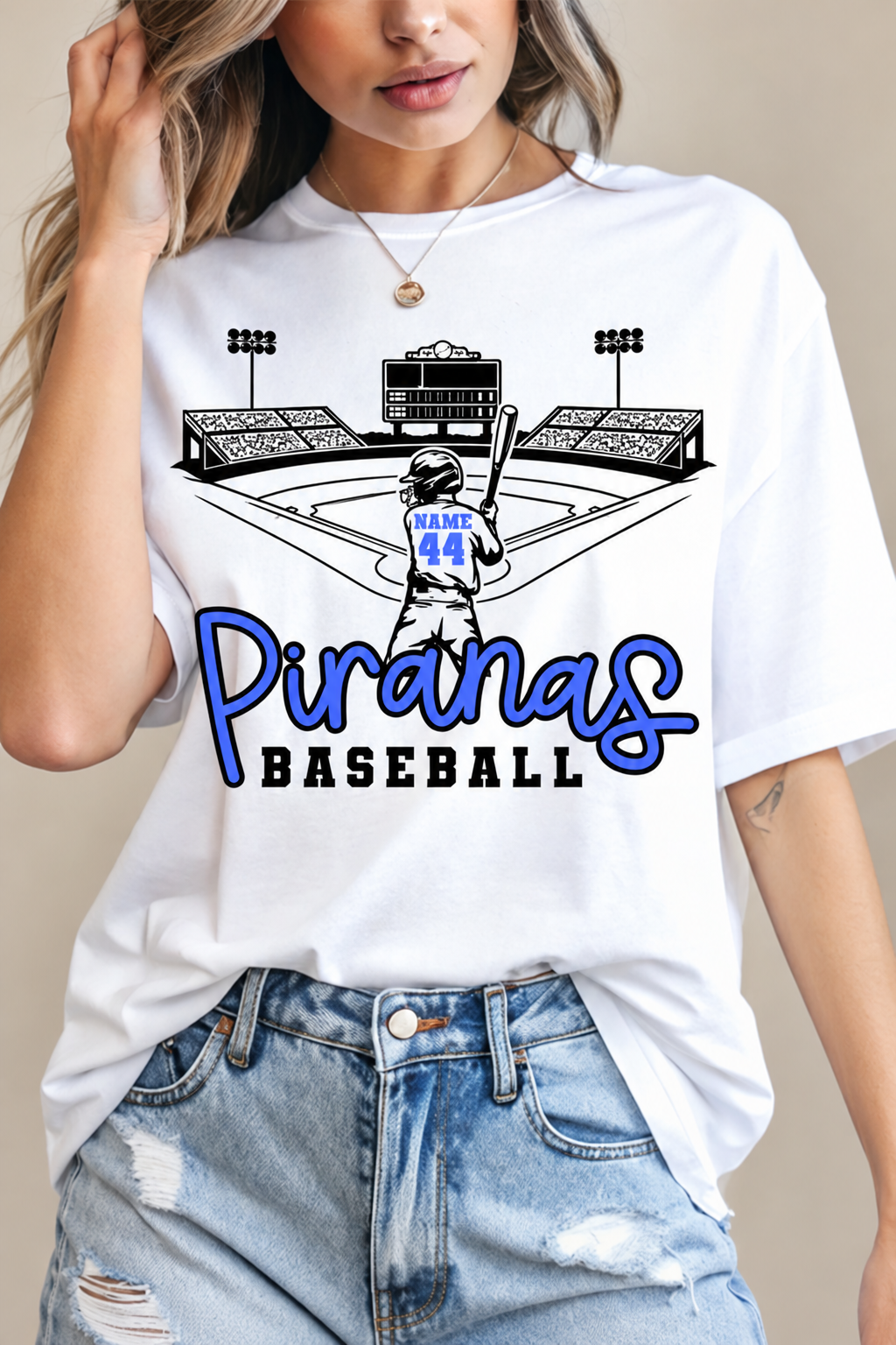 Custom Baseball Stadium Player Top shown on a white shirt with blue team lettering