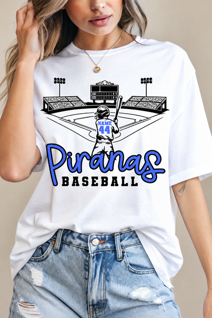 Custom Baseball Stadium Player Top shown on a white shirt with blue team lettering
