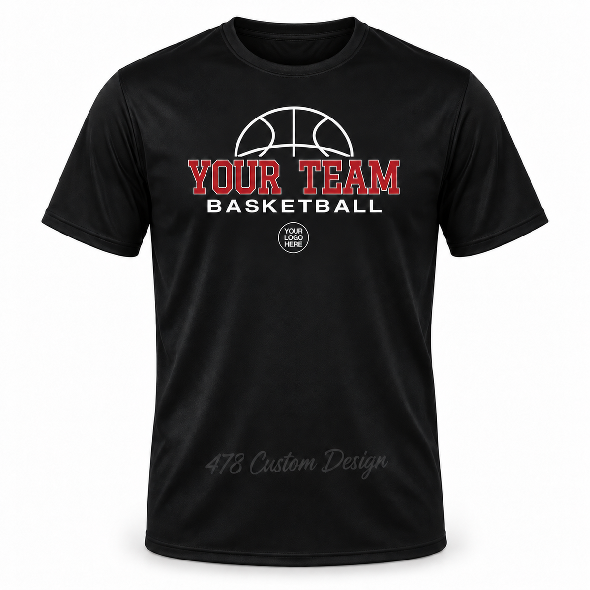 Custom basketball outline design with clean curved rim on black performance shirt