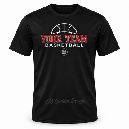 Custom basketball outline design with clean curved rim on black performance shirt