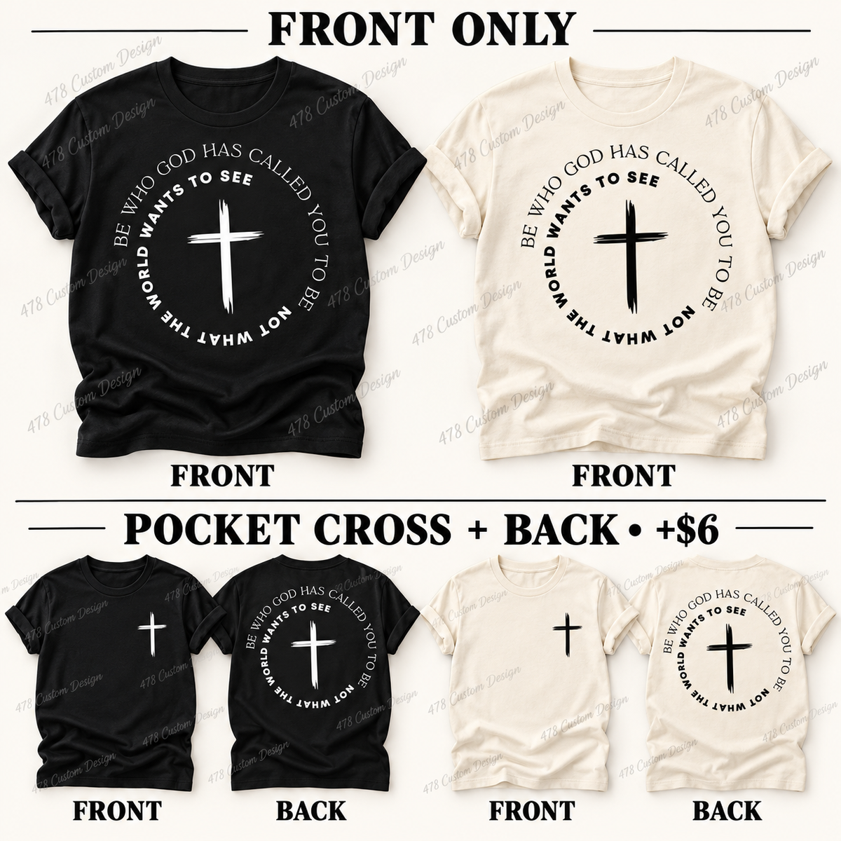 Front-only and pocket cross plus back layouts in black and white artwork; front and back costs $6 more