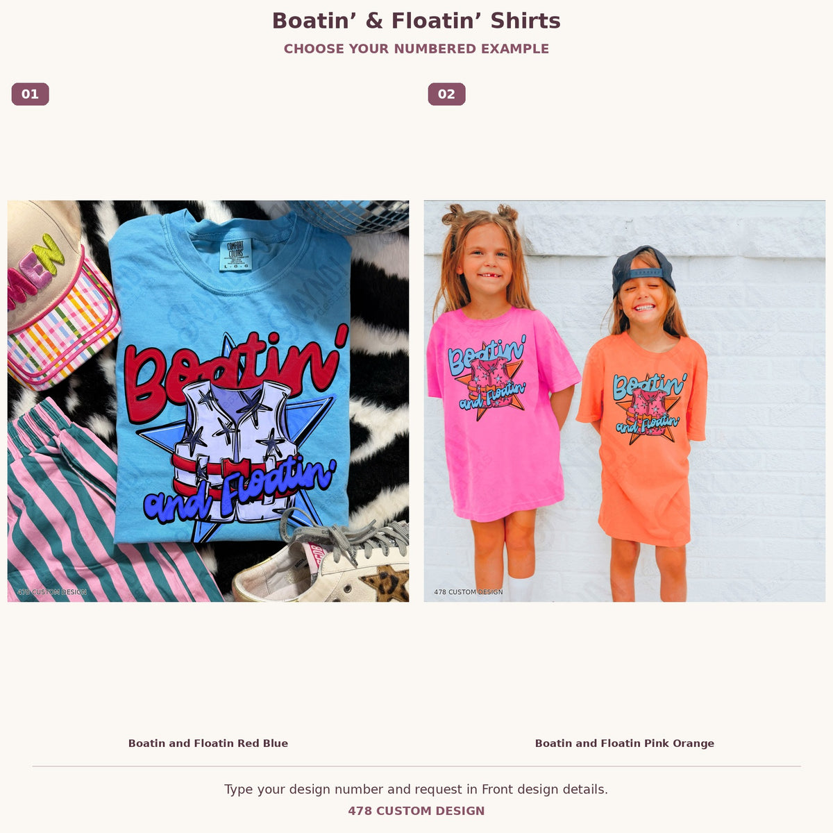 Boatin’ & Floatin’ Shirts — Design Color Choices numbered garment examples and 478 Custom Design watermark