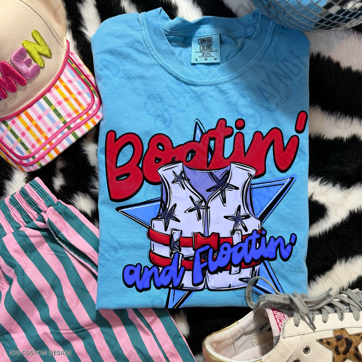 Boatin’ & Floatin’ Shirts — Design Color Choices example 1 Boatin and Floatin Red Blue 478 Custom Design watermarked garment mockup